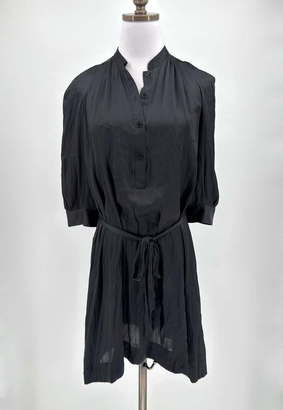 Zadig & Voltaire Black Retouch Satin Tie Waist 3/4 Sleeve Shirt Dress Sz XS